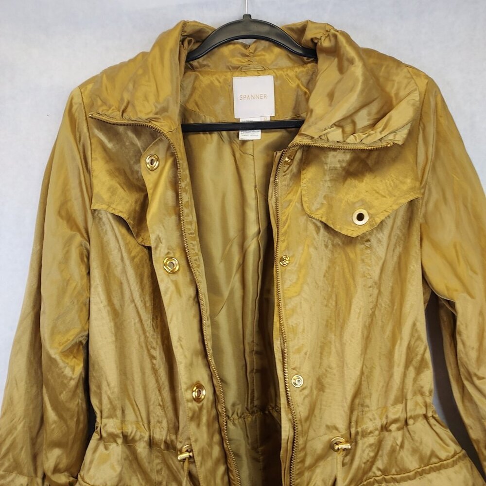 Spanner Utility Jacket Women 12 Stud Bell Sleeve Shiny Metallic Gold Slinky Glam - Picture 11 of 16